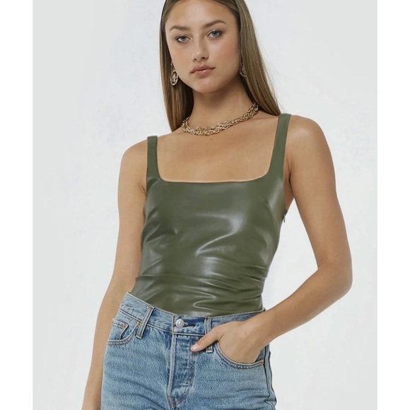 Olive Green Leather Bodysuit - Picture 1 of 3